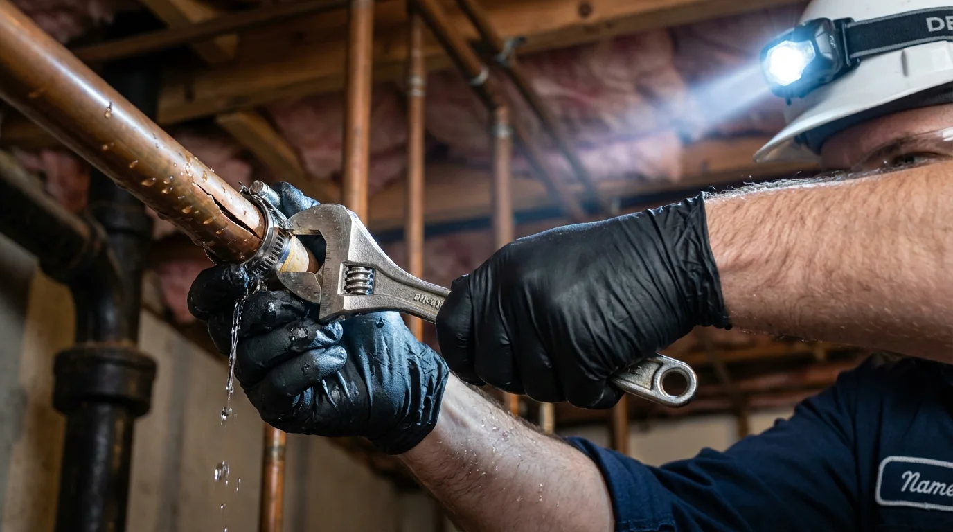 Emergency pipe clamp repair being performed by a Johns Plumbing LLC plumber in Overbrook
