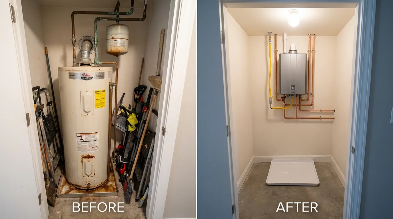 Tank water heater versus wall-mounted tankless unit comparison for Overbrook, KS homeowners