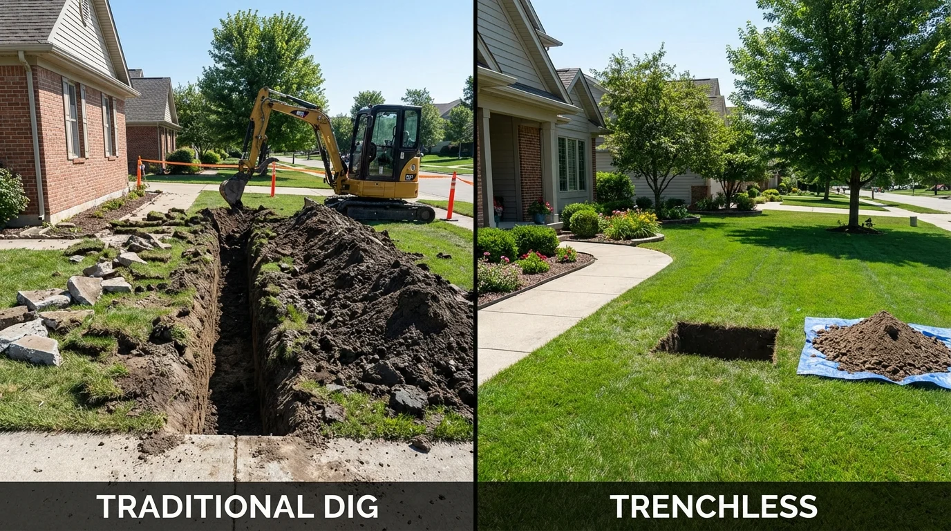 Trenchless sewer repair with minimal yard damage versus traditional excavation in Overbrook, KS